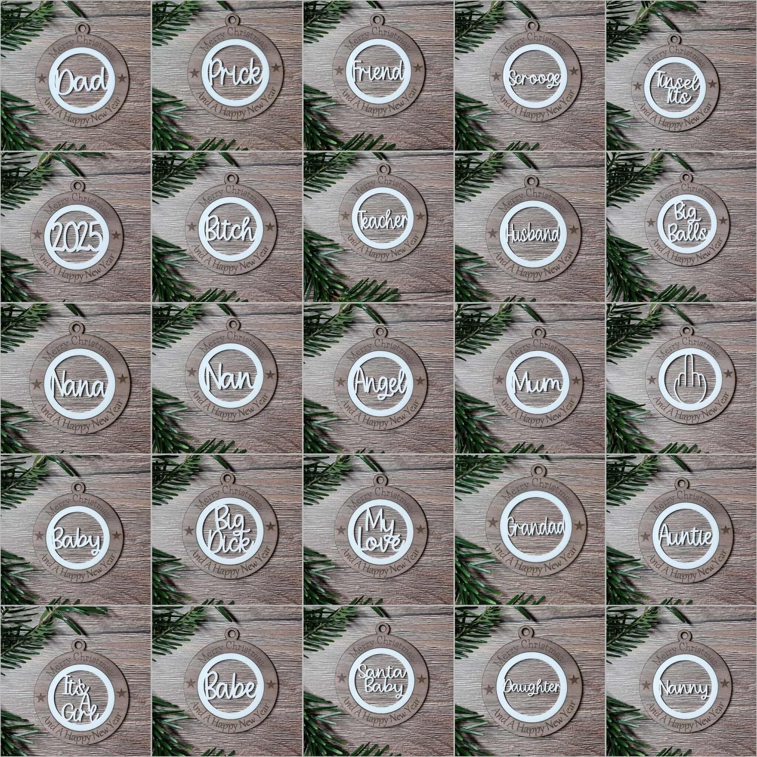 2 x 10cm Christmas Ornaments 45 Designs To Choose From White Acrylic &amp; Walnut Plywood 3mm Hanging Words