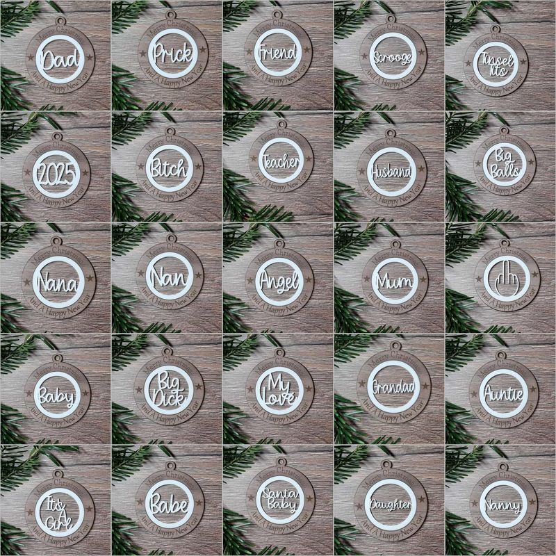 2 x 7cm Christmas Ornaments 45 Designs To Choose From White Acrylic &amp; Walnut Plywood 3mm Hanging Words