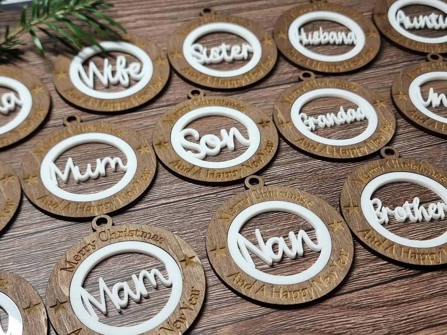 x15 Mixed Titles 7cm Pack Christmas Ornaments White Acrylic &amp; Walnut Plywood 3mm Hanging Words