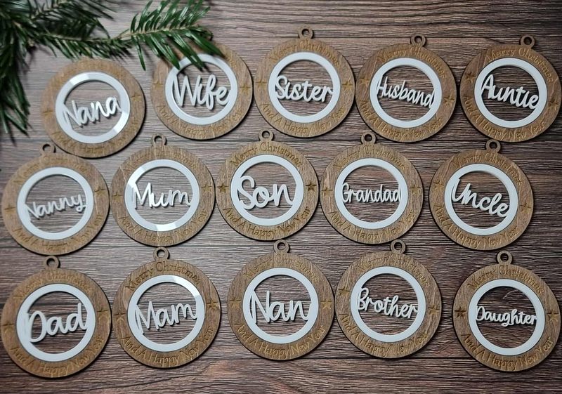 x15 Mixed Titles 7cm Pack Christmas Ornaments White Acrylic &amp; Walnut Plywood 3mm Hanging Words