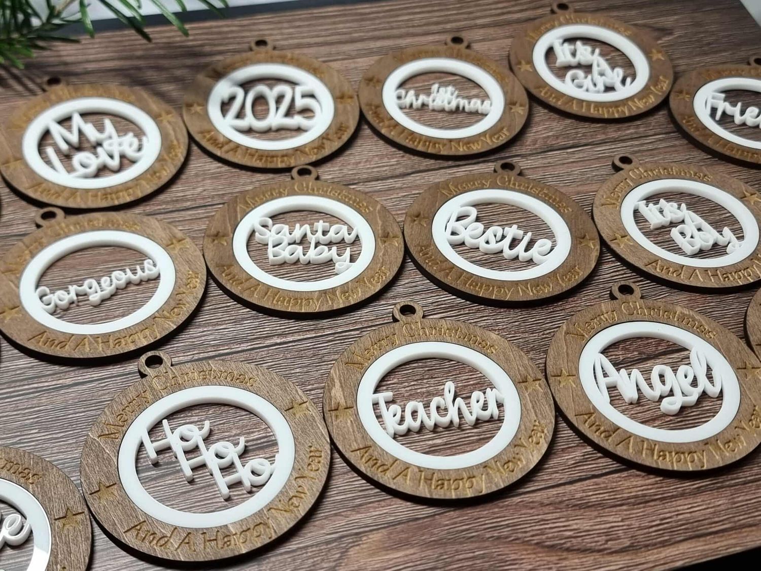 x17 Christmas Themed 7cm Pack Christmas Ornaments White Acrylic &amp; Walnut Plywood 3mm Hanging Words