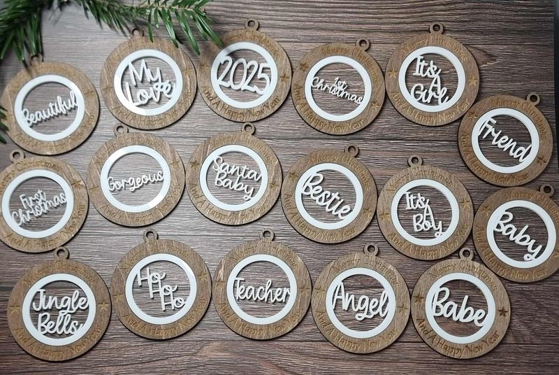 x17 Christmas Themed 7cm Pack Christmas Ornaments White Acrylic &amp; Walnut Plywood 3mm Hanging Words