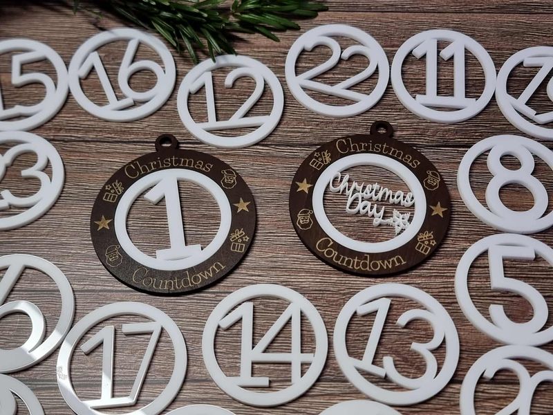Christmas Countdown 7cm Pack Christmas Ornaments White Acrylic &amp; Dark Walnut Plywood 3mm Hanging Words