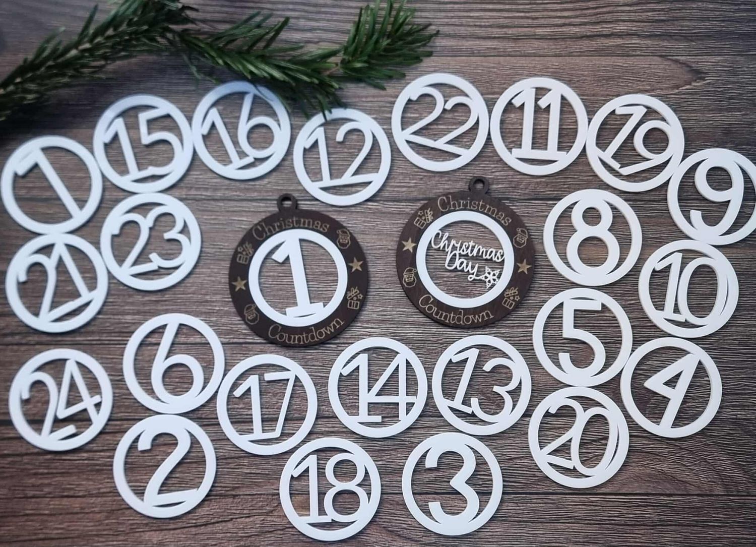 Christmas Countdown 7cm Pack Christmas Ornaments White Acrylic &amp; Dark Walnut Plywood 3mm Hanging Words