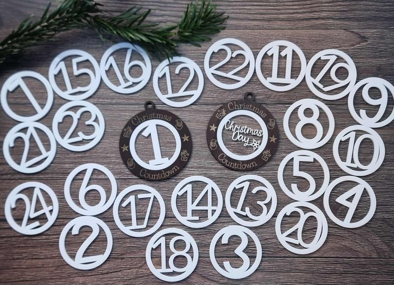 Christmas Countdown 7cm Pack Christmas Ornaments White Acrylic &amp; Dark Walnut Plywood 3mm Hanging Words