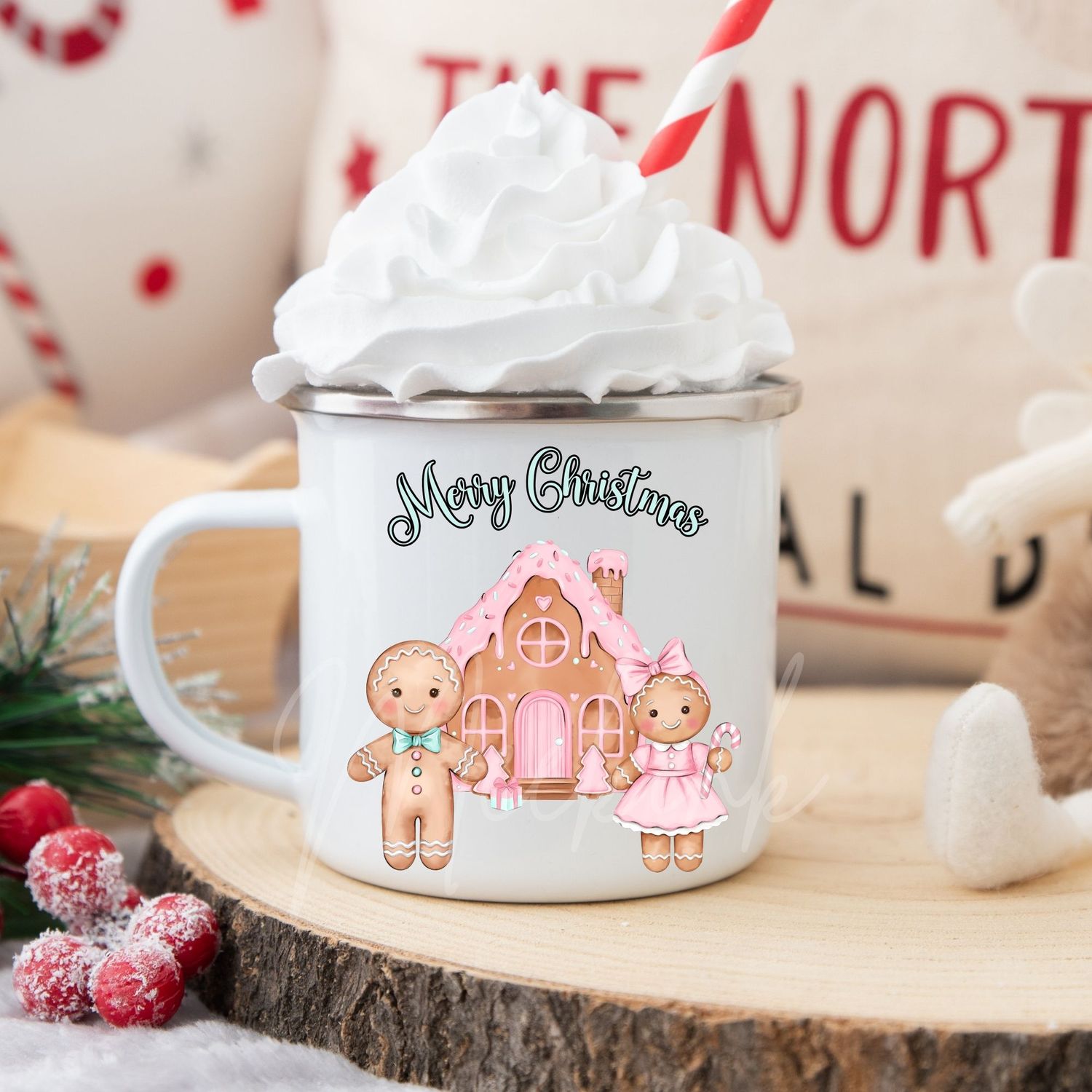 Pink &amp; Turquoise Gingerbread House Christmas UVDTF or DTF Decal
