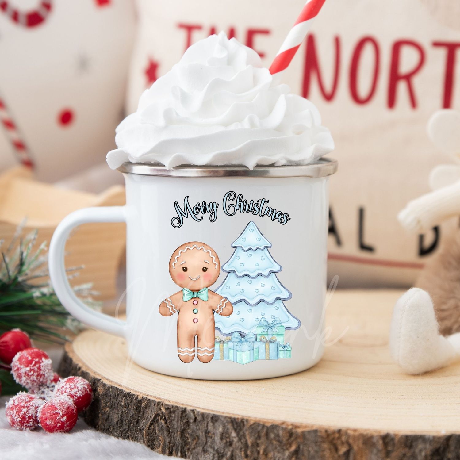 Pink &amp; Turquoise Blue Gingerbread Christmas Tree UVDTF or DTF Decal