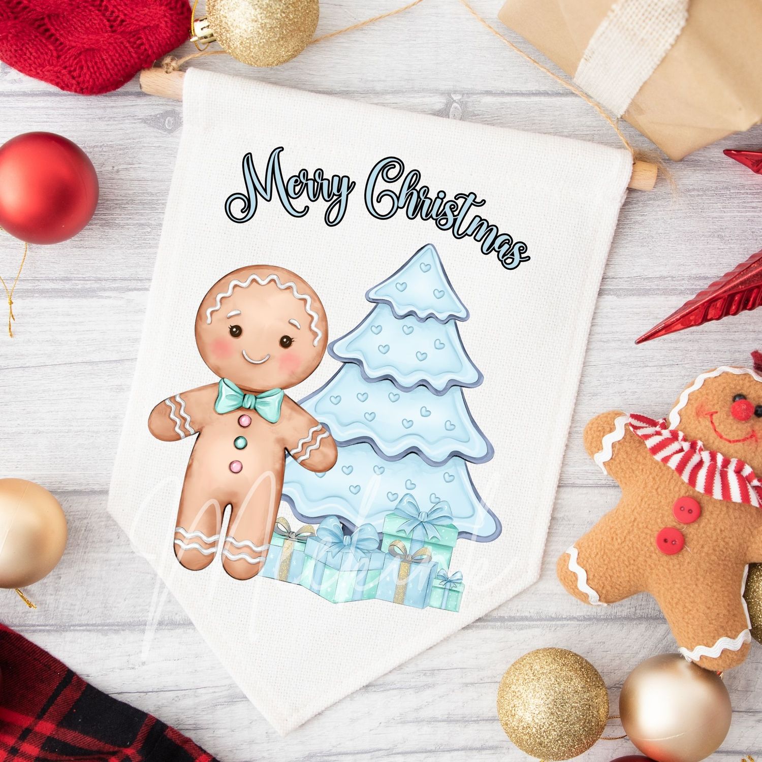 Pink &amp; Turquoise Blue Gingerbread Christmas Tree UVDTF or DTF Decal