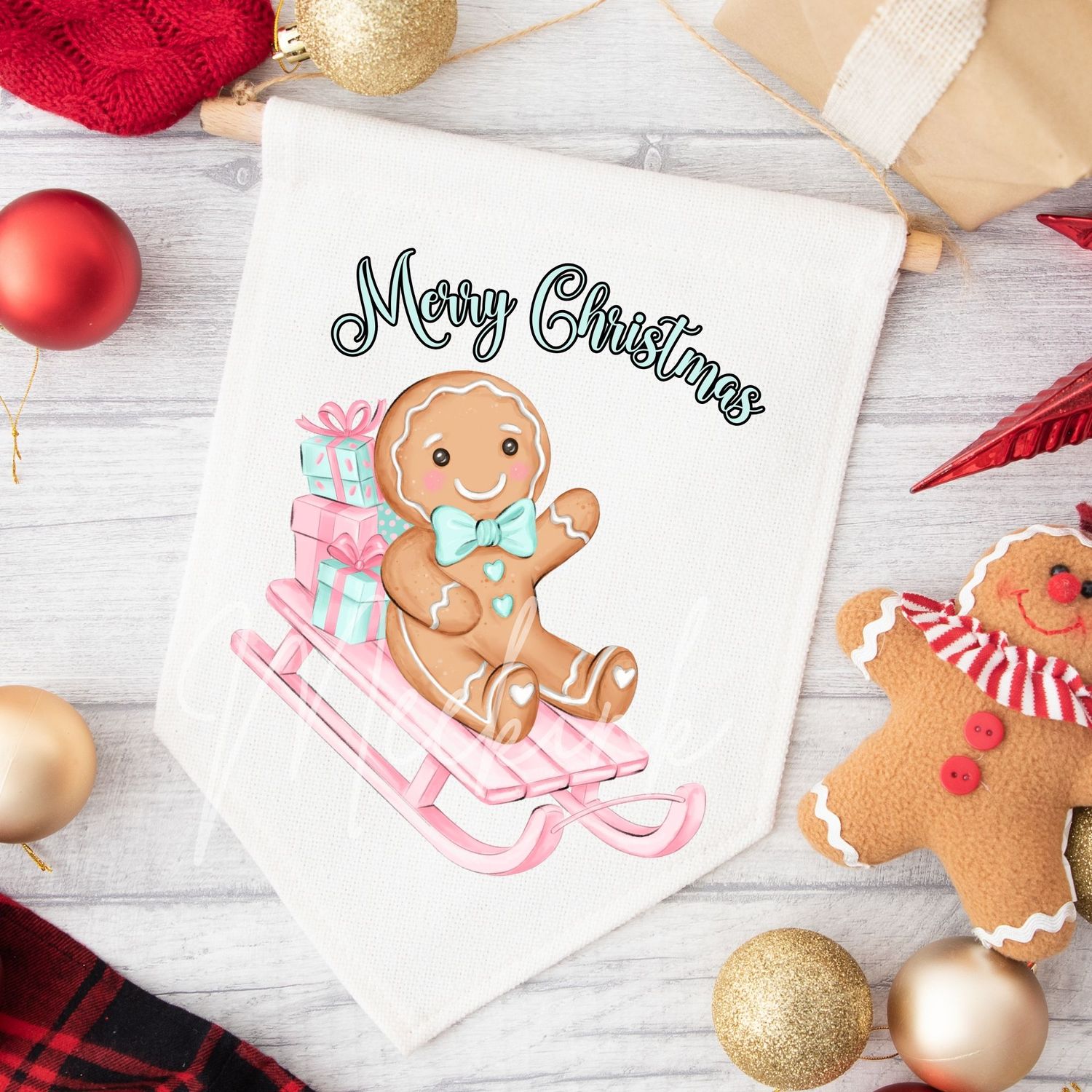Pink &amp; Turquoise Gingerbread Christmas Sleigh UVDTF or DTF Decal