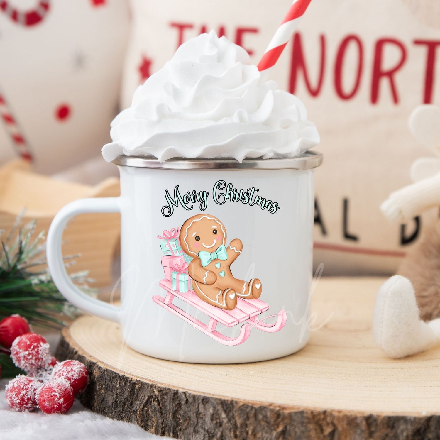 Pink &amp; Turquoise Gingerbread Christmas Sleigh UVDTF or DTF Decal