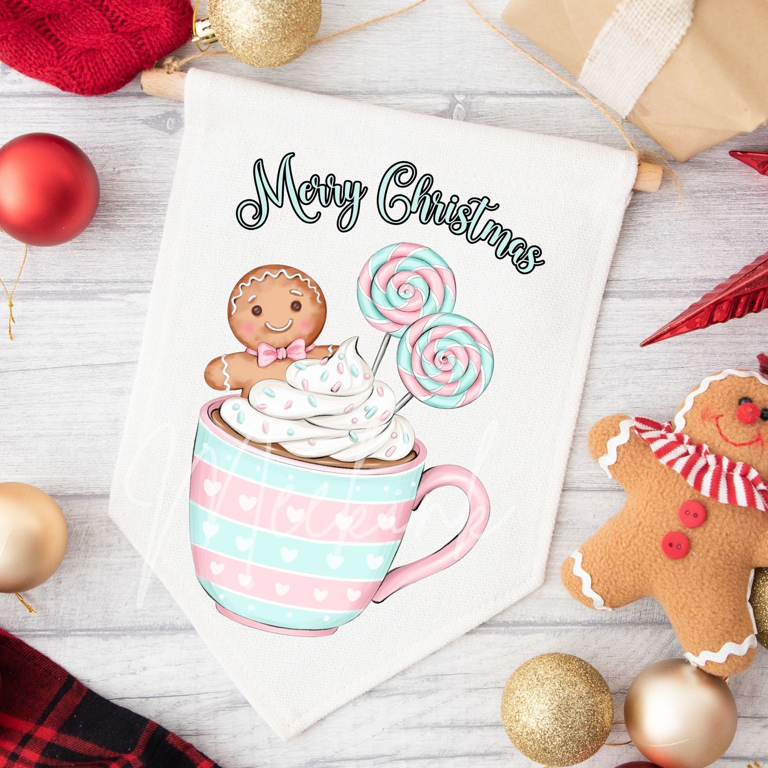 Pink &amp; Turquoise Gingerbread Hot Choc Christmas UVDTF or DTF Decal