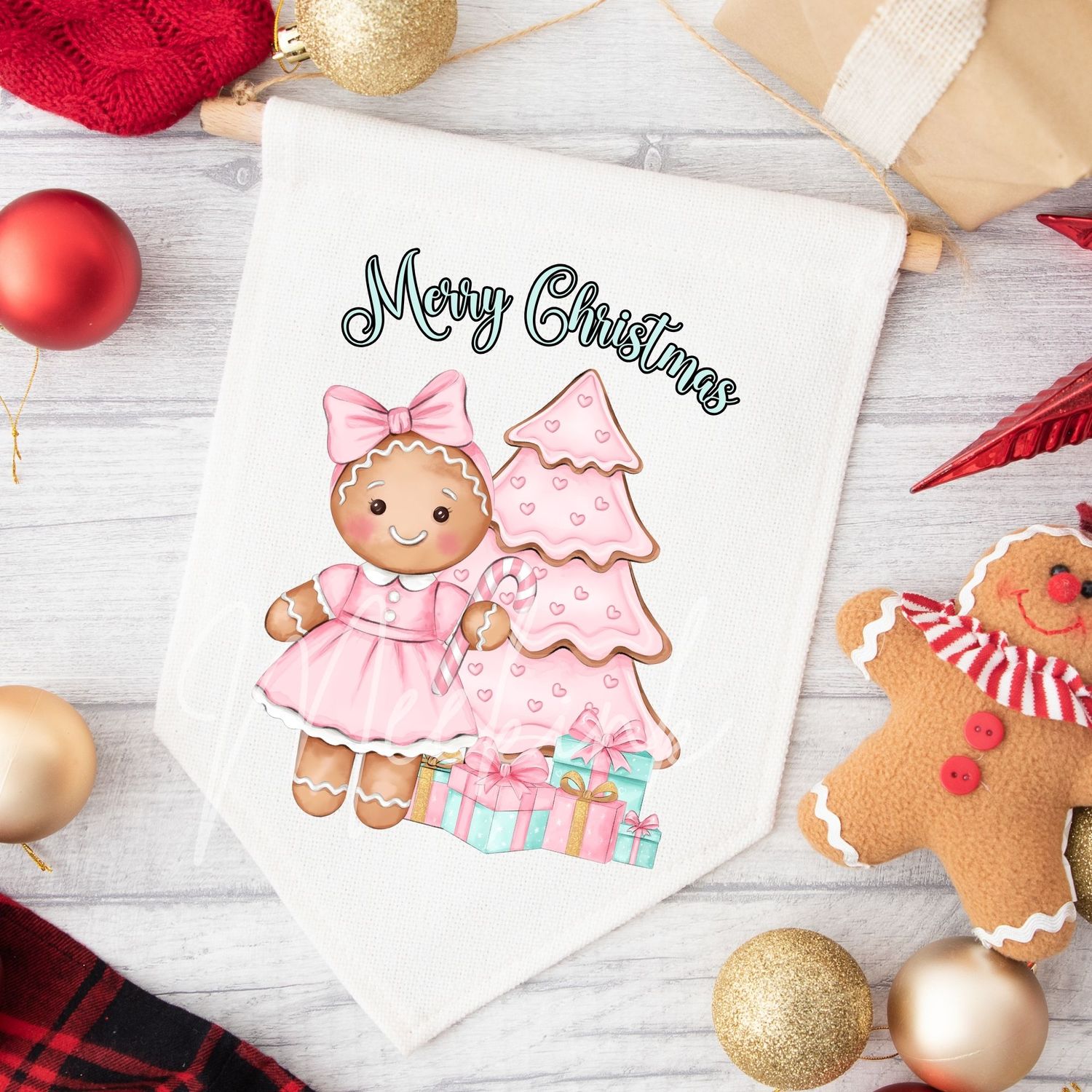 Pink &amp; Turquoise Gingerbread Christmas Tree UVDTF or DTF Decal