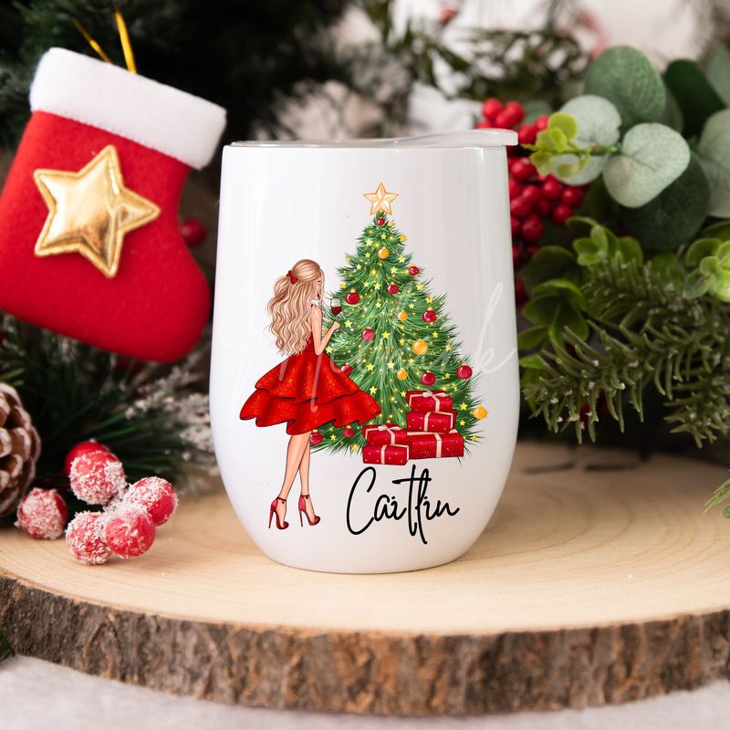 Christmas Girl With or Without Wine Glass Personalised UVDTF or DTF Decal