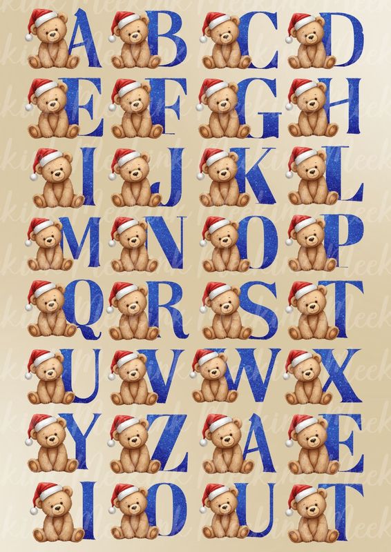 Teddy Alphabet Blue Sheet A3 UVDTF or DTF Decals