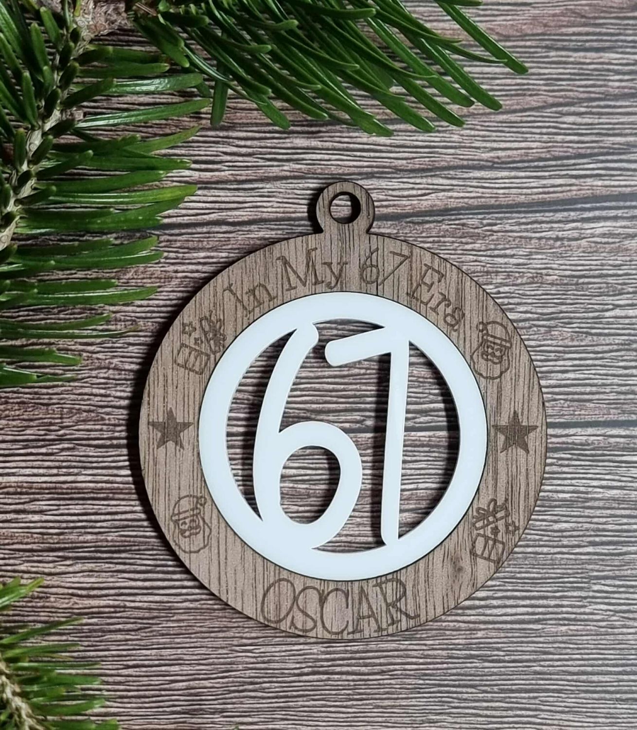 Pack Of 5 - 7cm Christmas Ornaments 67 ERA White Acrylic &amp; Walnut Plywood 3mm Hanging Words