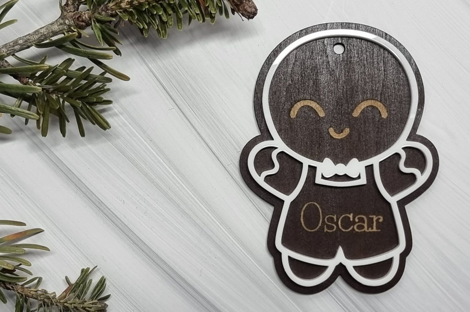 Gingerbread Boy White Acrylic &amp; Painted Dark Walnut Plywood 3mm Hanging Ornament