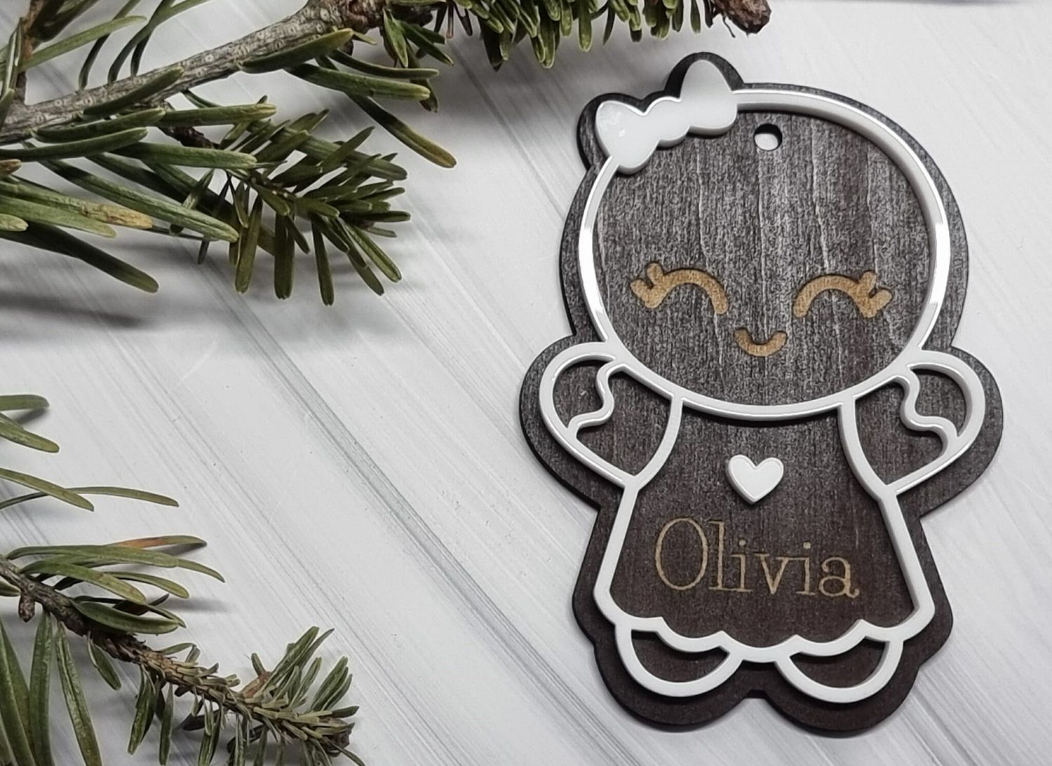 Gingerbread Girl White Acrylic &amp; Painted Dark Walnut Plywood 3mm Hanging Ornament