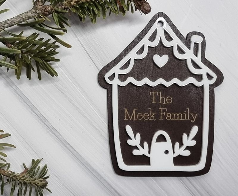 Gingerbread House White Acrylic &amp; Painted Dark Walnut Plywood 3mm Hanging Ornament