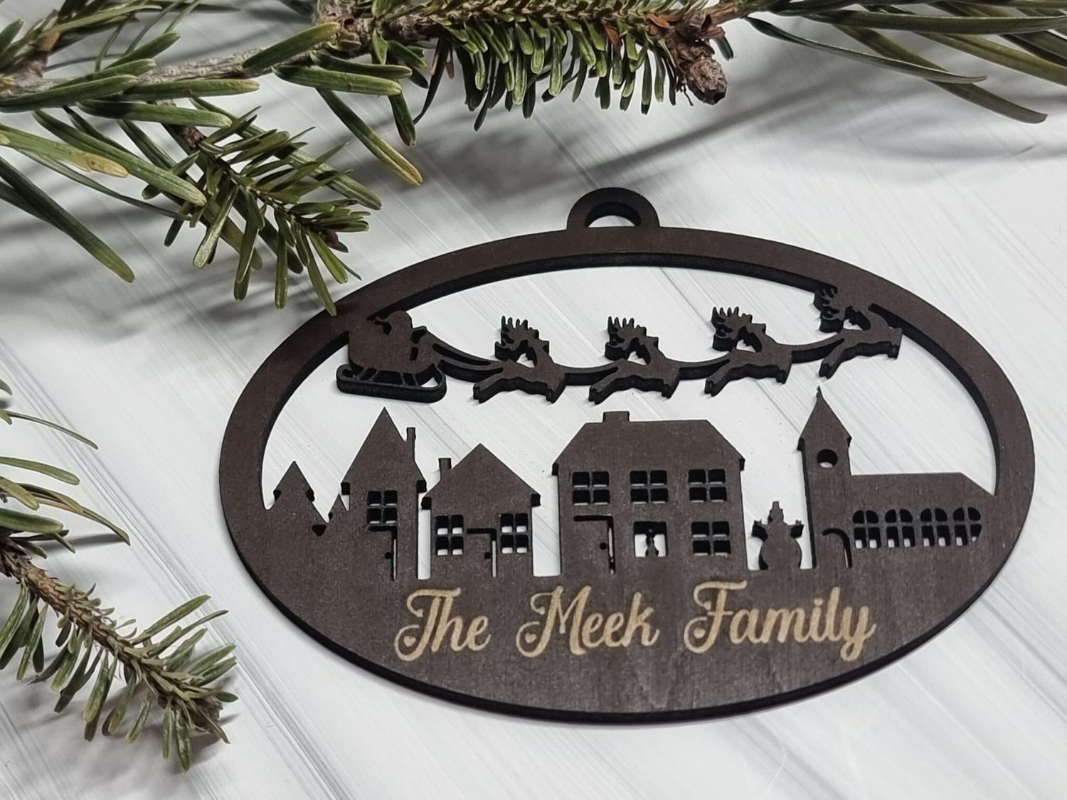 Christmas Scene White Acrylic &amp; Painted Dark Walnut Plywood 3mm Hanging Ornament 10cm