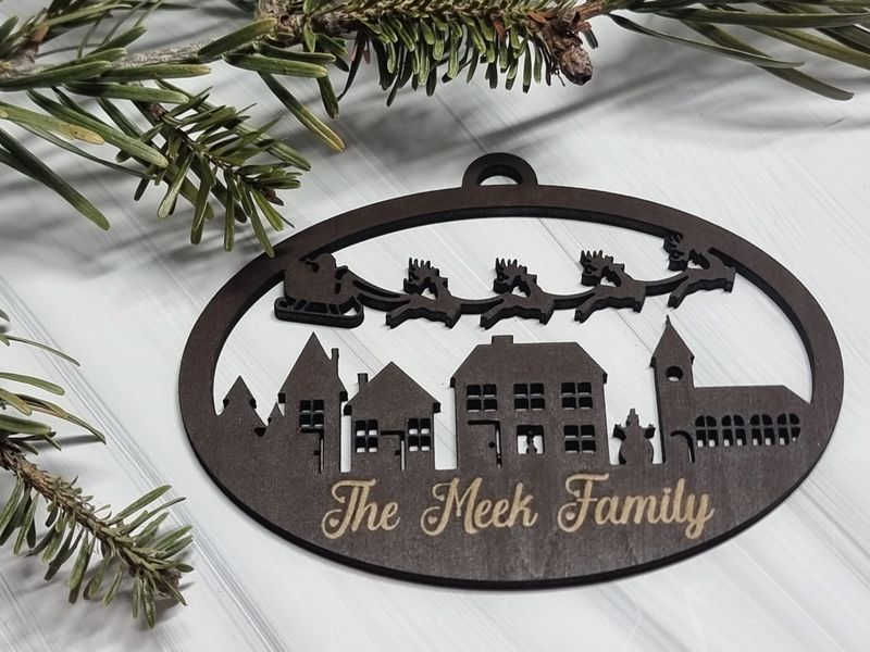 Christmas Scene White Acrylic &amp; Painted Dark Walnut Plywood 3mm Hanging Ornament 10cm