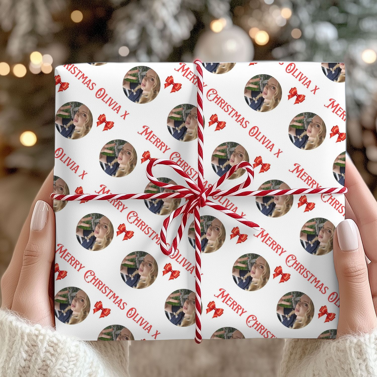 Photo Upload Bow Christmas Gift Wrap Sheet