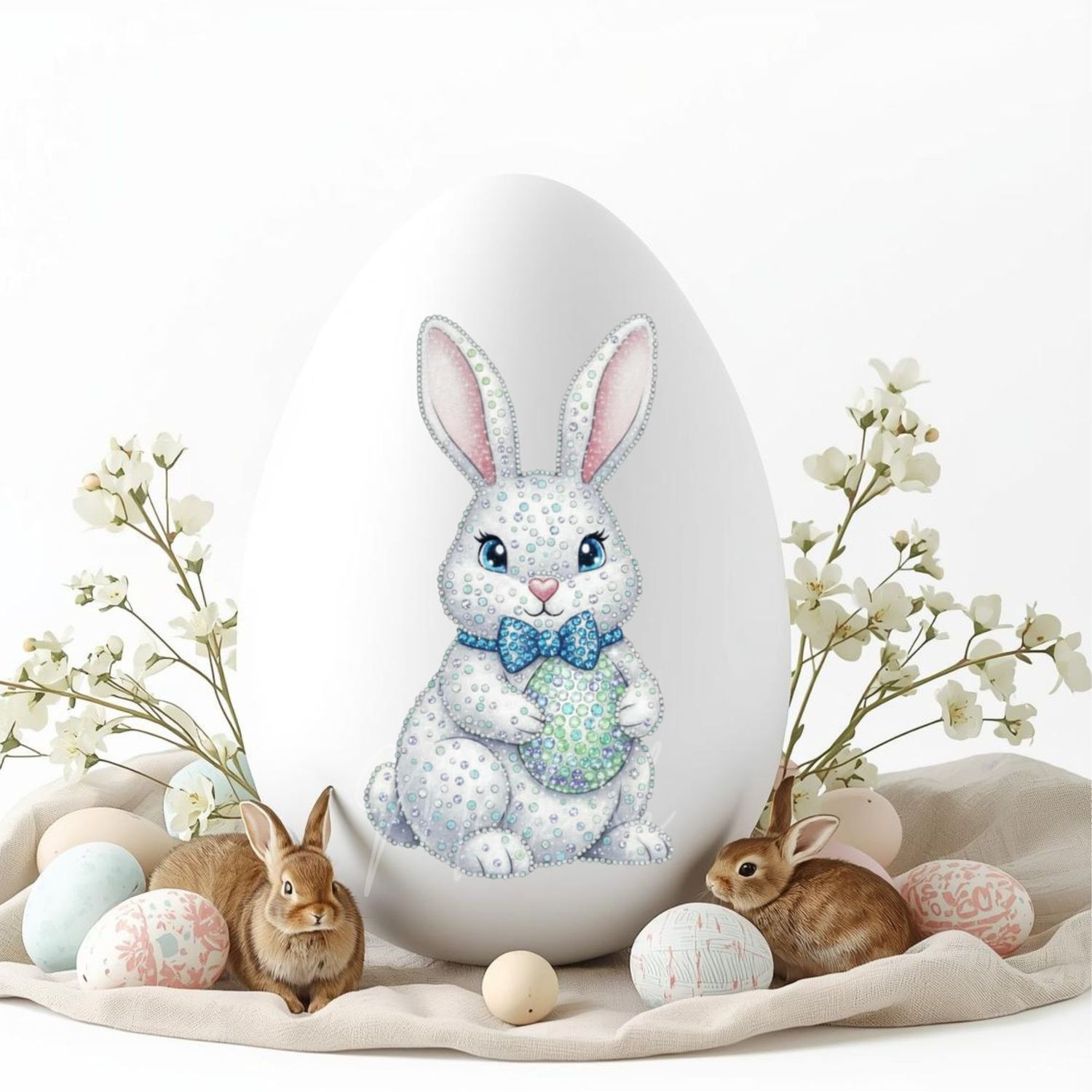 Rhinestone Effect White Easter Bunny Blue Dicky Bow Easter Egg DTF or UVDTF Decal
