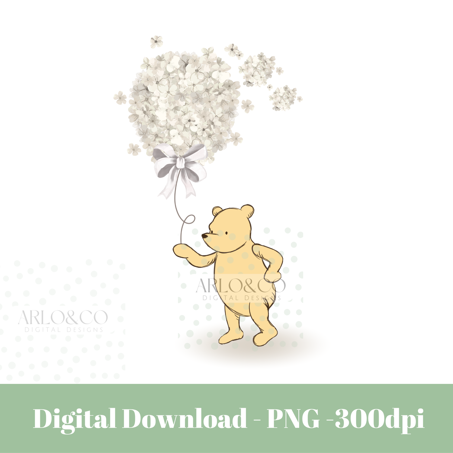 bear beige-hydrangeas-balloon-digital-download