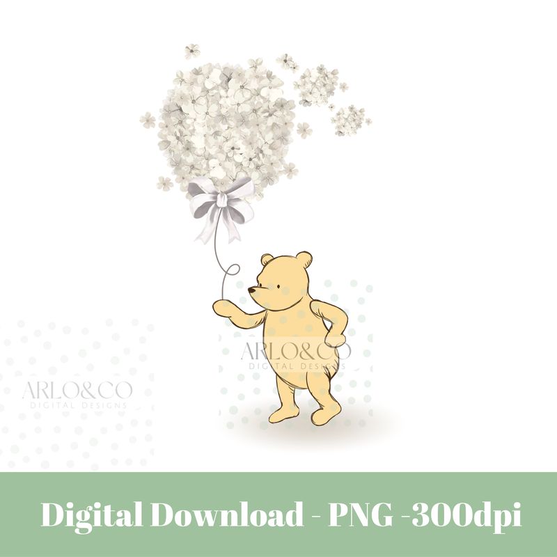 bear beige-hydrangeas-balloon-digital-download