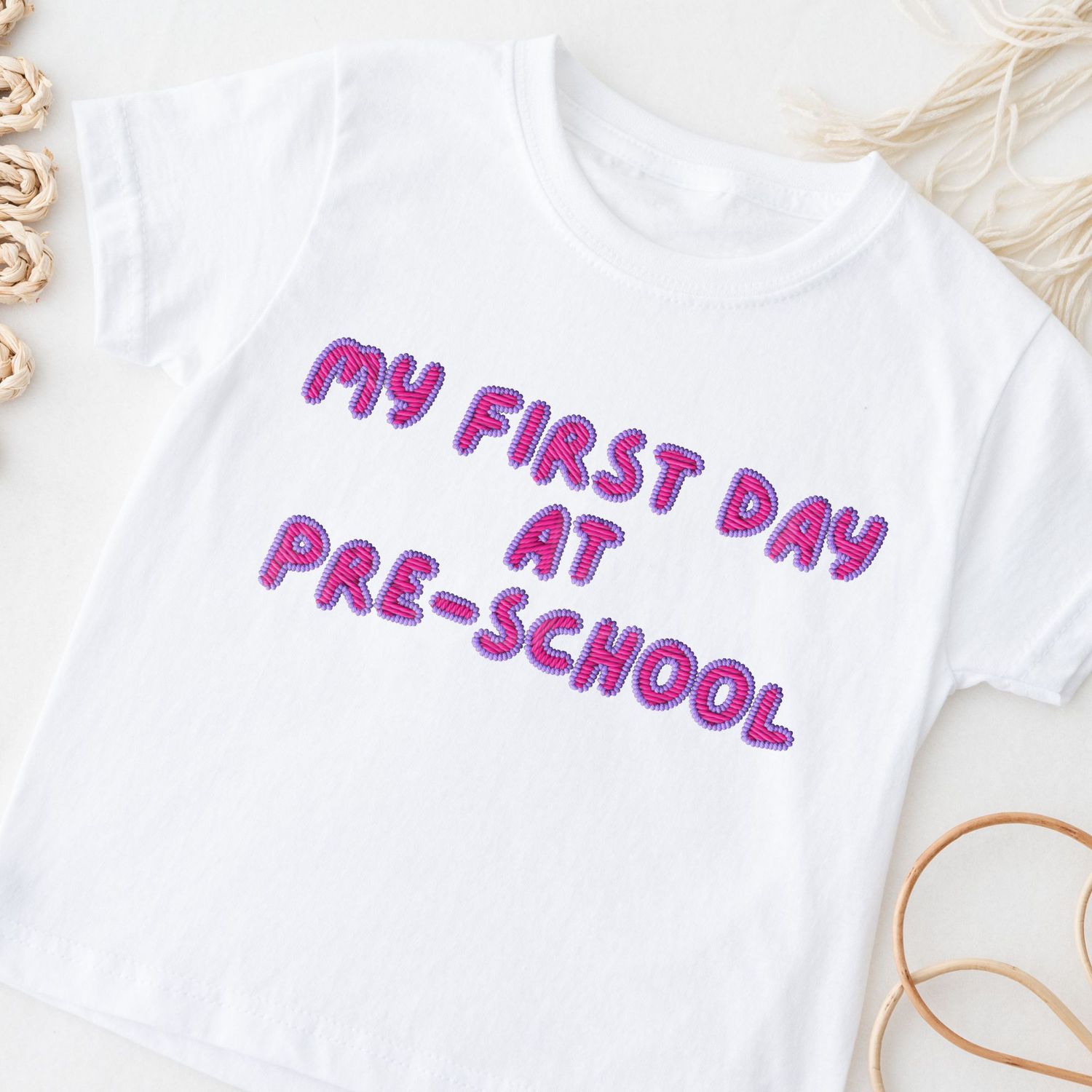 Faux Embroidered Effect My First Day Pre-school Pink DTF Decal