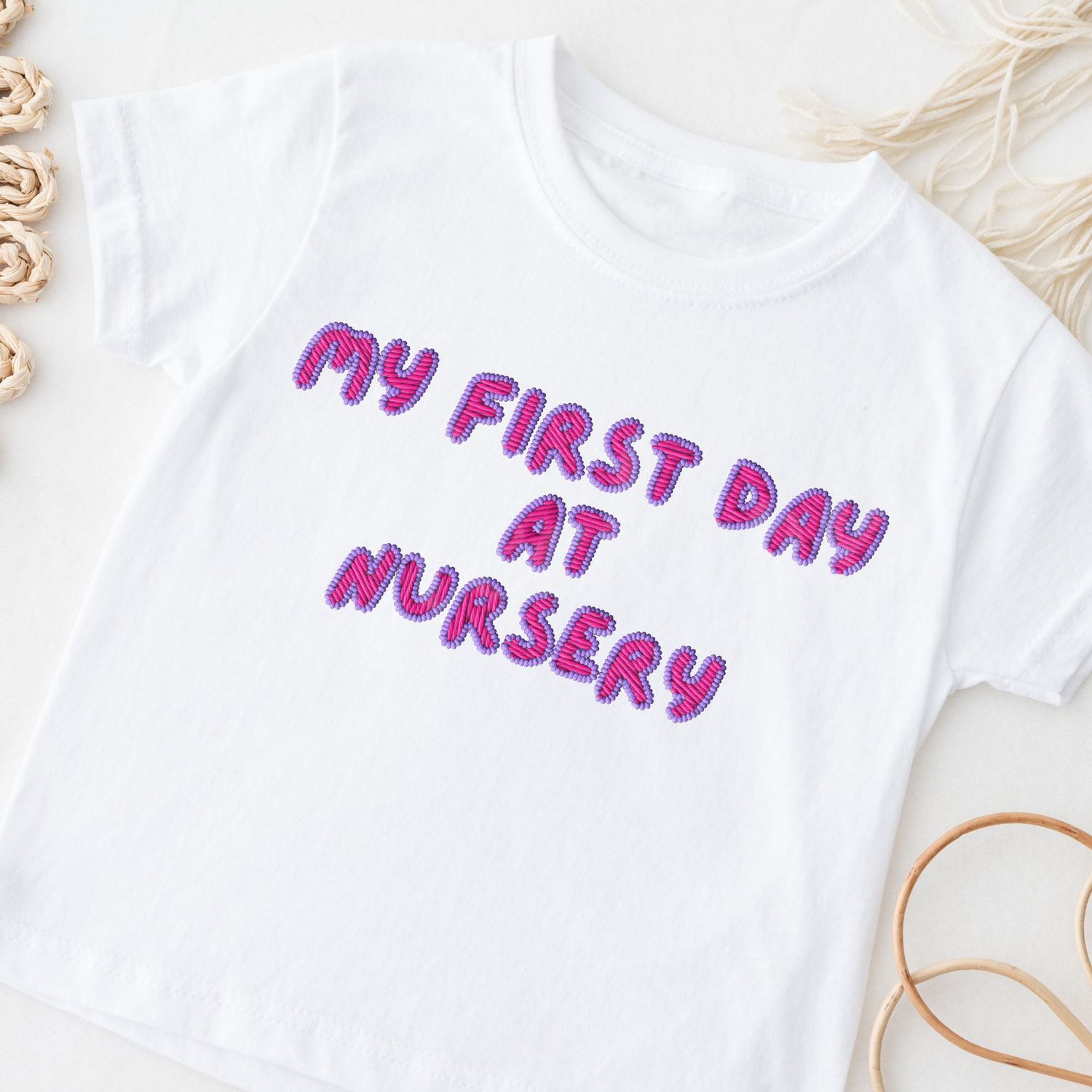 Faux Embroidered Effect My First Day At Nursery Pink DTF Decal