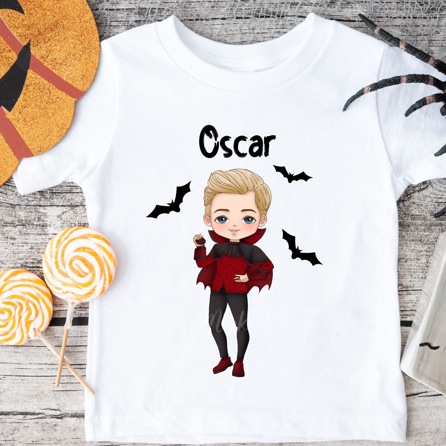 Boys Vampire Doll Halloween White Text DTF Decal