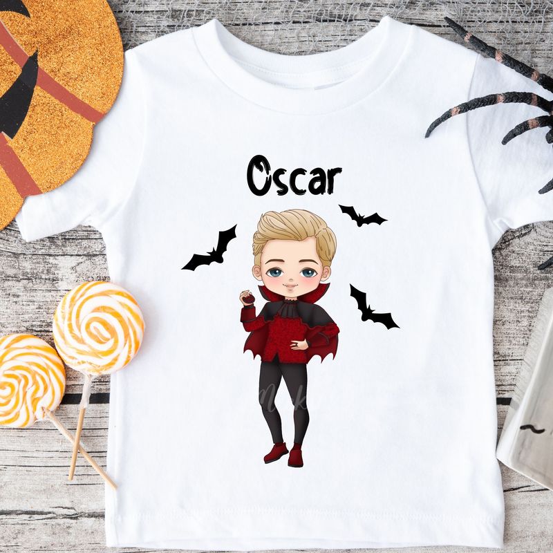 Boys Vampire Doll Halloween White Text DTF Decal