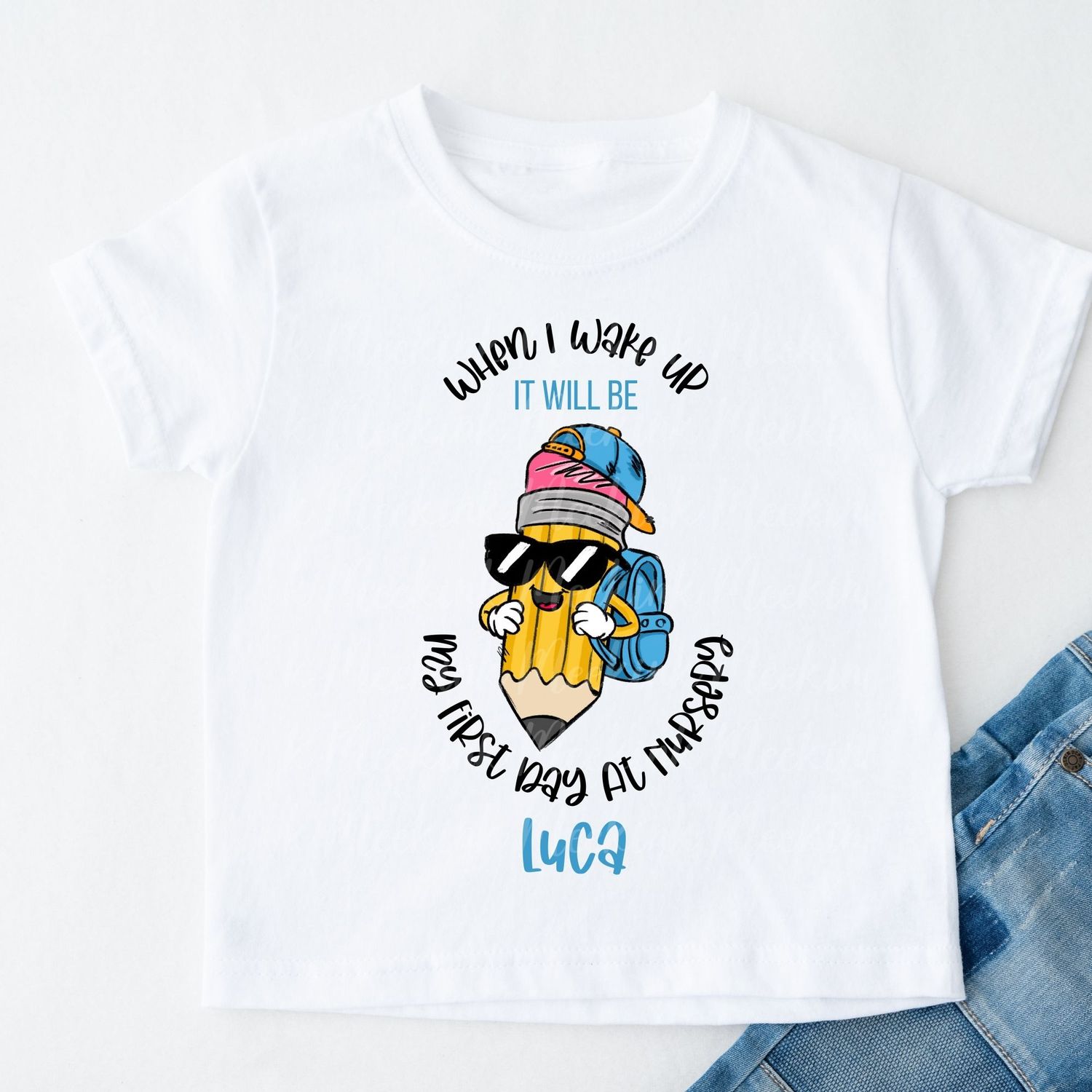 When I Wake Up Blue Nursery Back Pack Bow Pencil Personalised DTF Decal