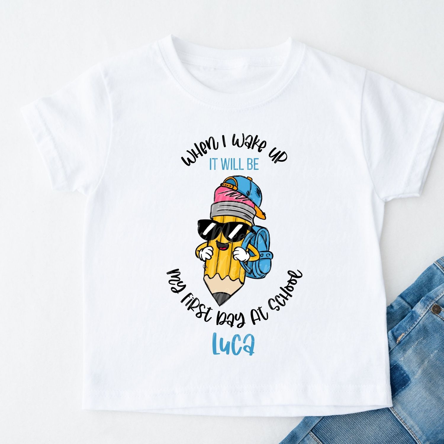 When I Wake Up Blue School Back Pack Bow Pencil Personalised DTF Decal