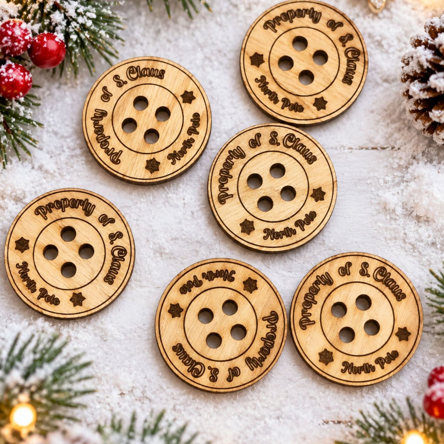 10 x Santa's Lost Button 4mm Oak veneered MDF