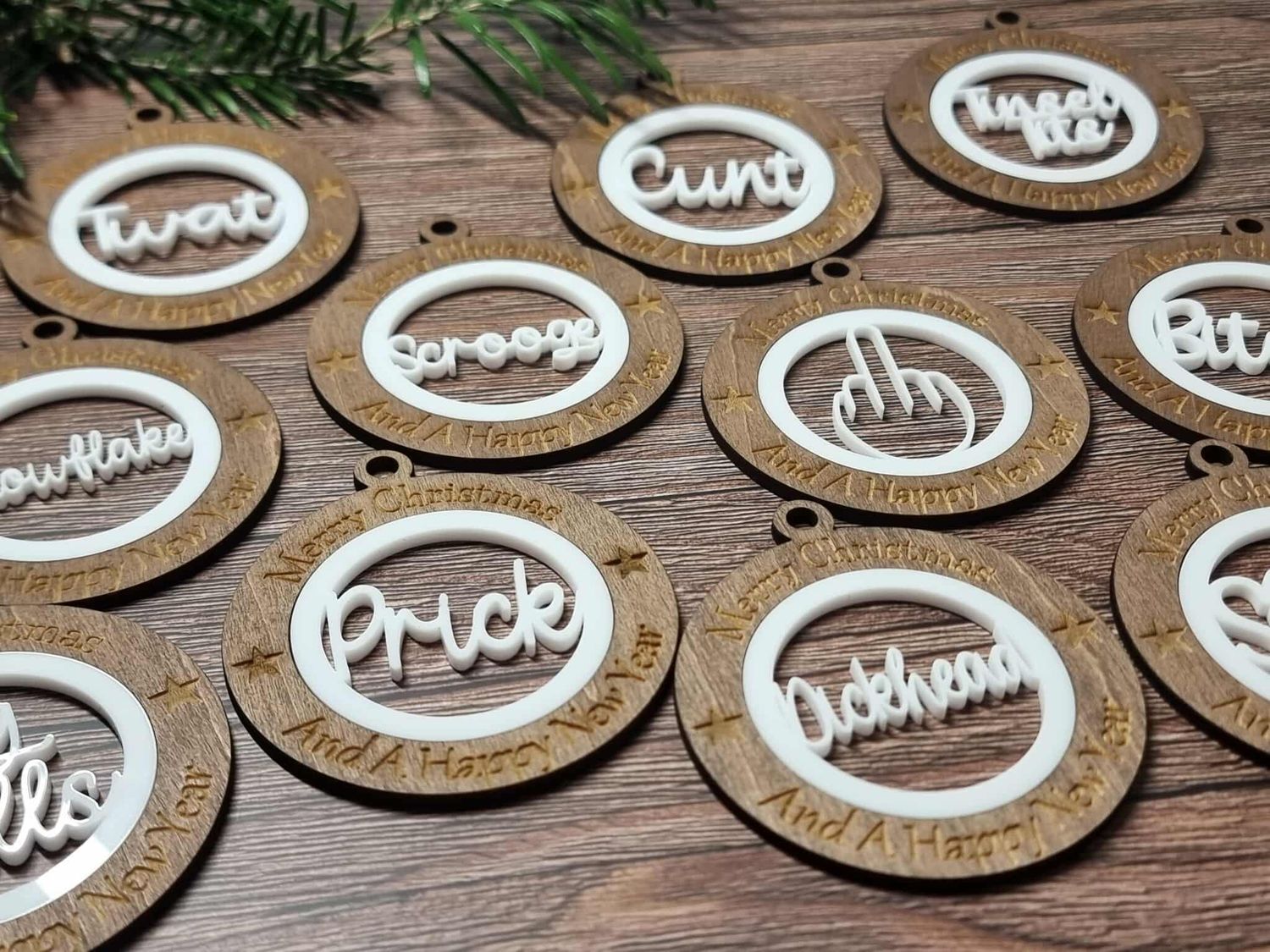 x13 Mixed Sweary 7cm Pack Christmas Ornaments White Acrylic &amp; Walnut Plywood 3mm Hanging Words