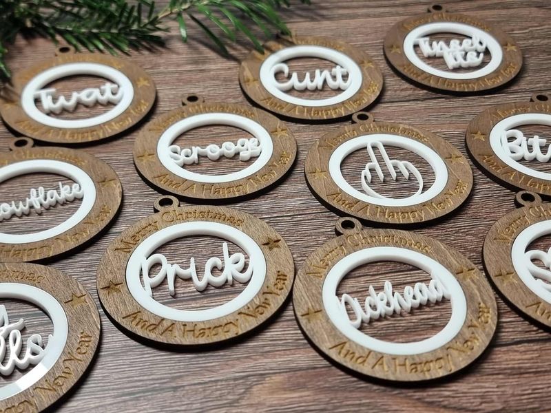 x13 Mixed Sweary 7cm Pack Christmas Ornaments White Acrylic &amp; Walnut Plywood 3mm Hanging Words