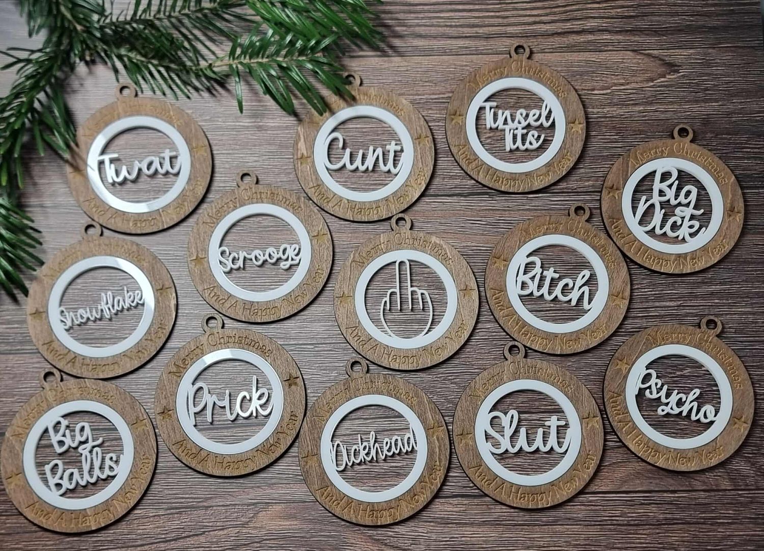 x13 Mixed Sweary 7cm Pack Christmas Ornaments White Acrylic &amp; Walnut Plywood 3mm Hanging Words