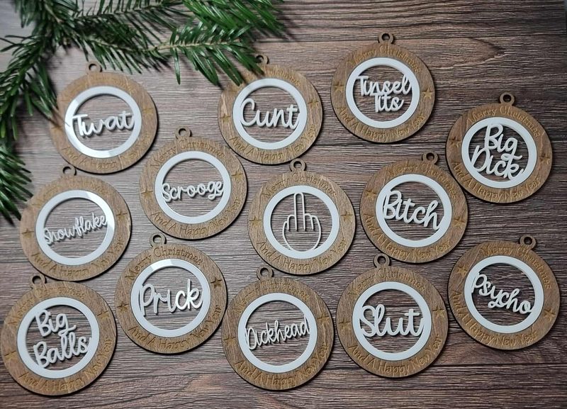 x13 Mixed Sweary 7cm Pack Christmas Ornaments White Acrylic &amp; Walnut Plywood 3mm Hanging Words
