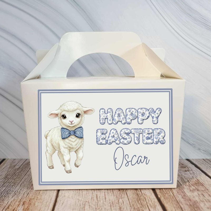 Little Lamb Blue Bow Happy Easter Party Box Sticker