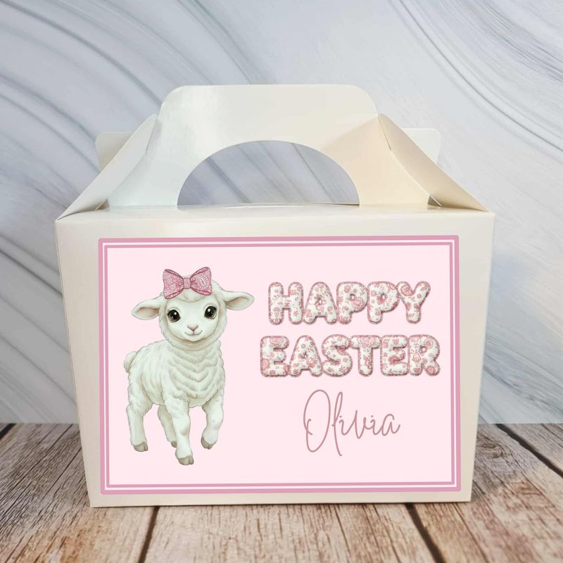 Little Lamb Pink Bow Happy Easter Party Box Sticker