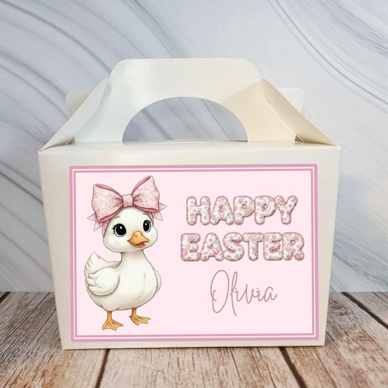 Little Duckling Pink Hair Bow Happy Easter Party Box Sticker