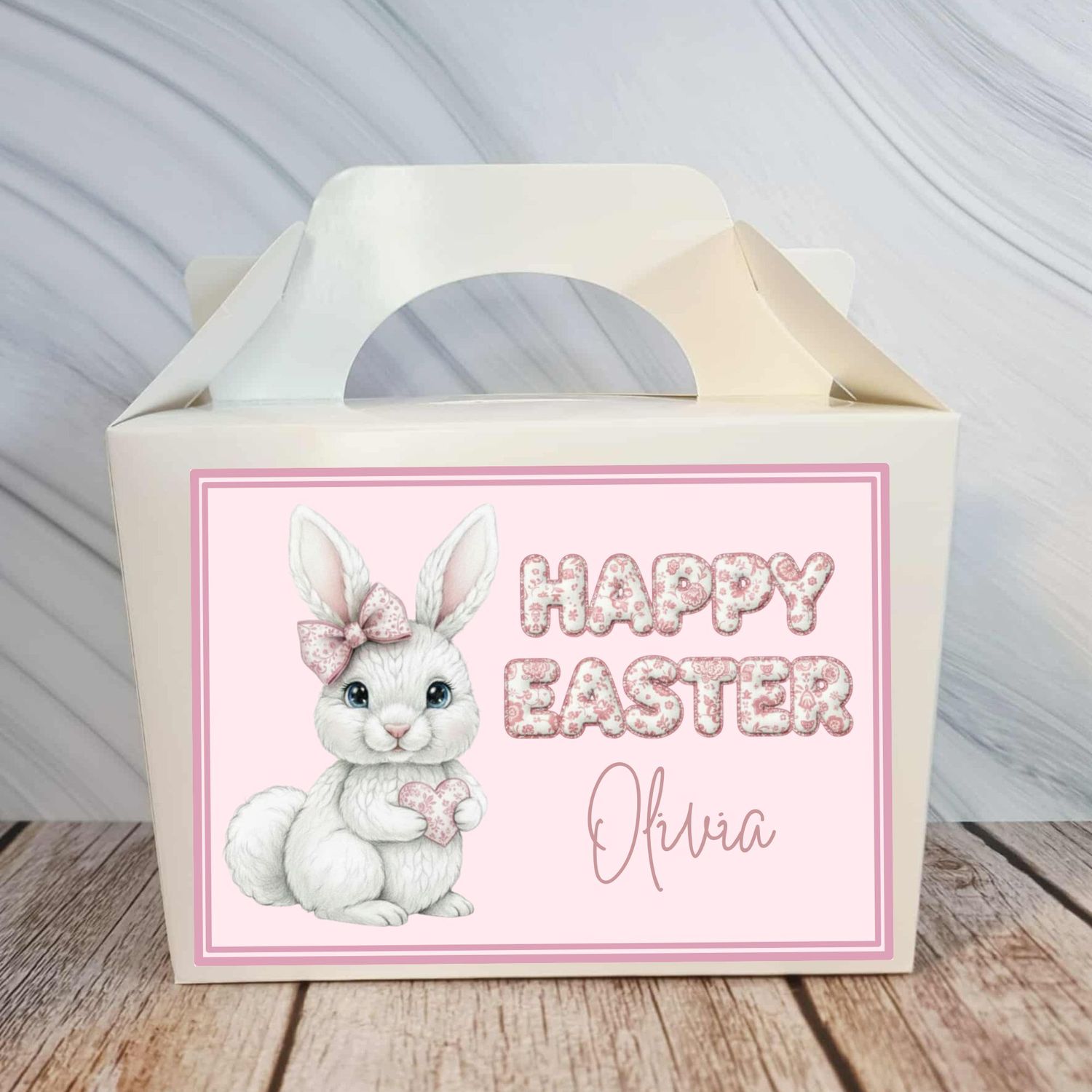 White Bunny Pink Bow Happy Easter Party Box Sticker