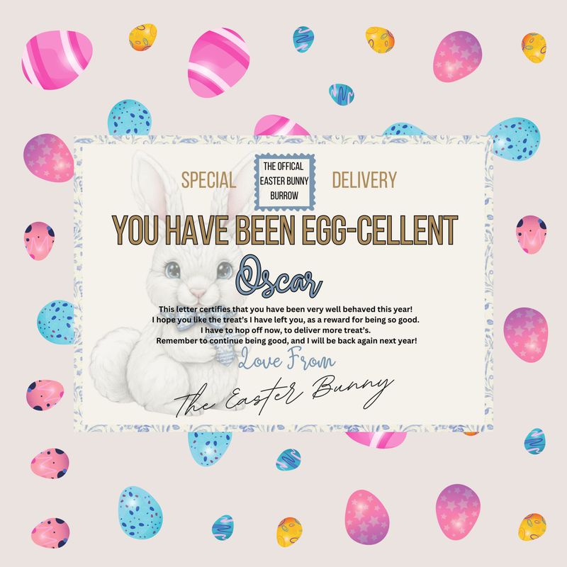 Personalised Bunny A4 Easter Bunny Certificate Blue