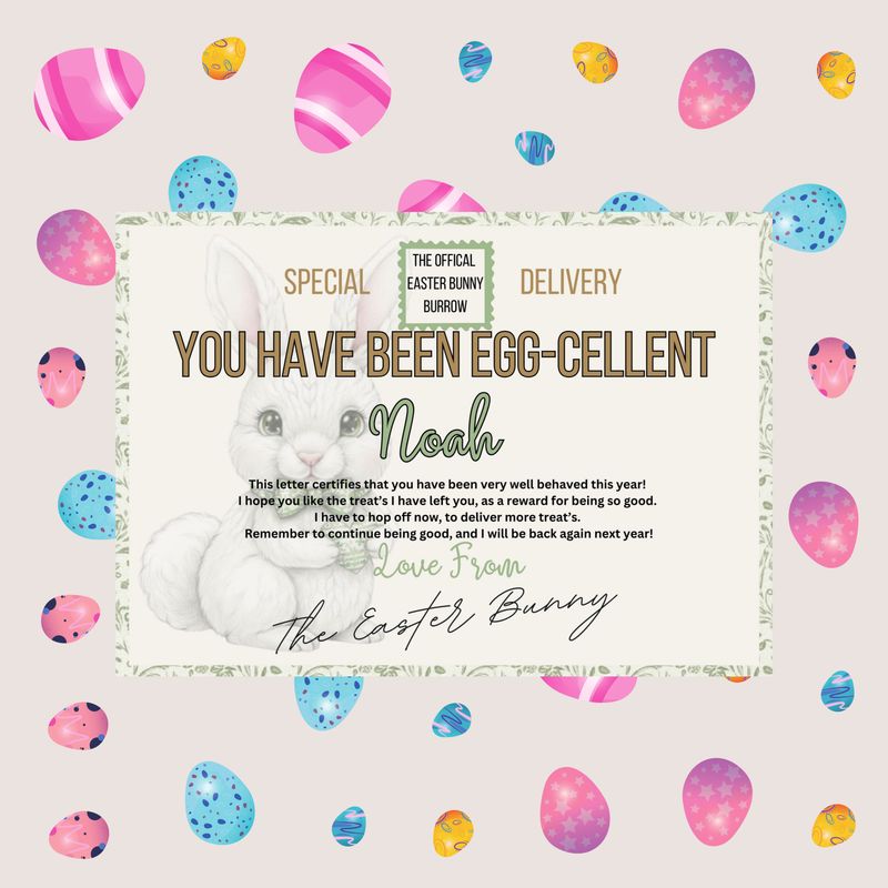 Personalised Bunny A4 Easter Bunny Certificate Sage Green