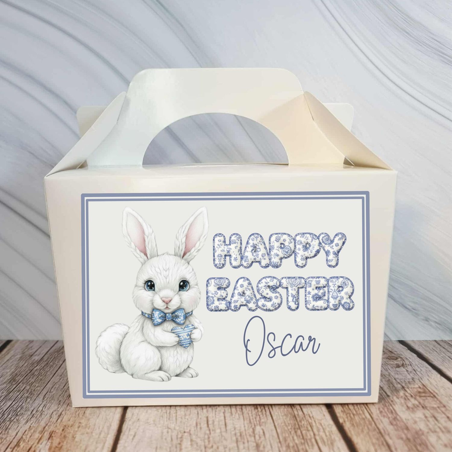 White Bunny Blue Bow Happy Easter Party Box Sticker