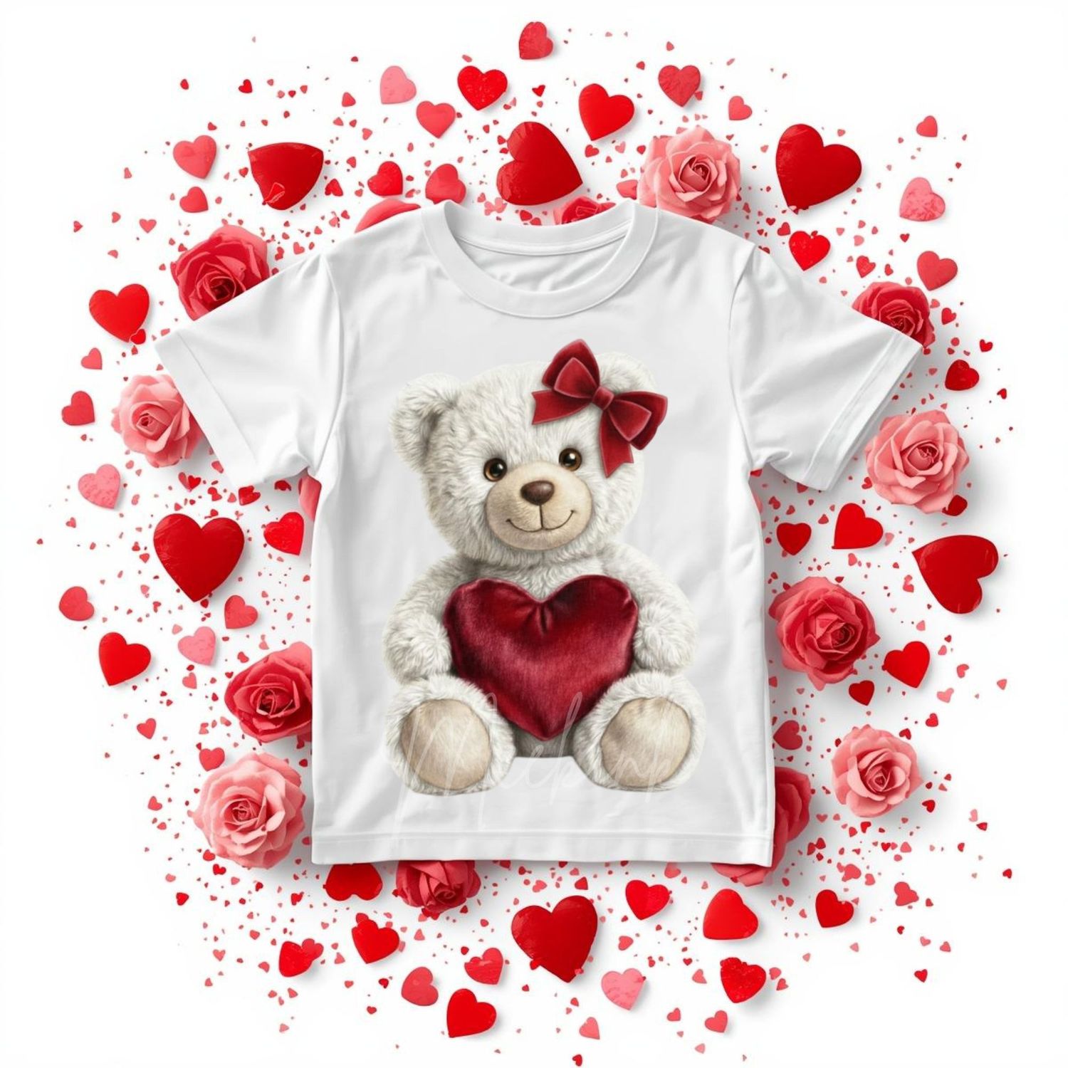 Cute White Bear Red Velvet Heart &amp; Bow DTF or UVDTF Decal