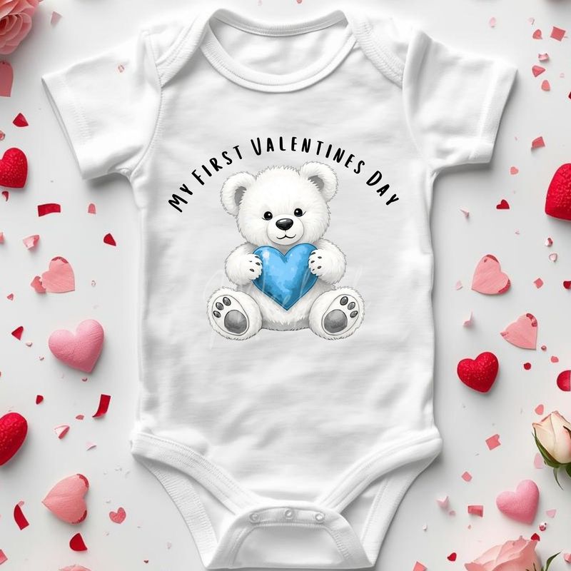 My First Valentines White Bear &amp; Blue Heart DTF or UVDTF Decal