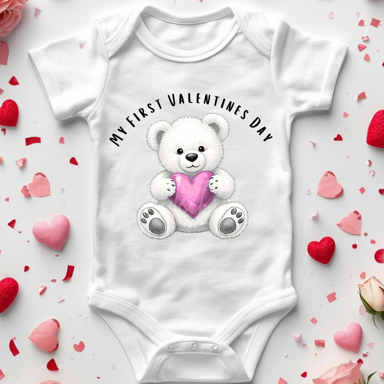 My First Valentines White Bear &amp; Pink Heart DTF or UVDTF Decal