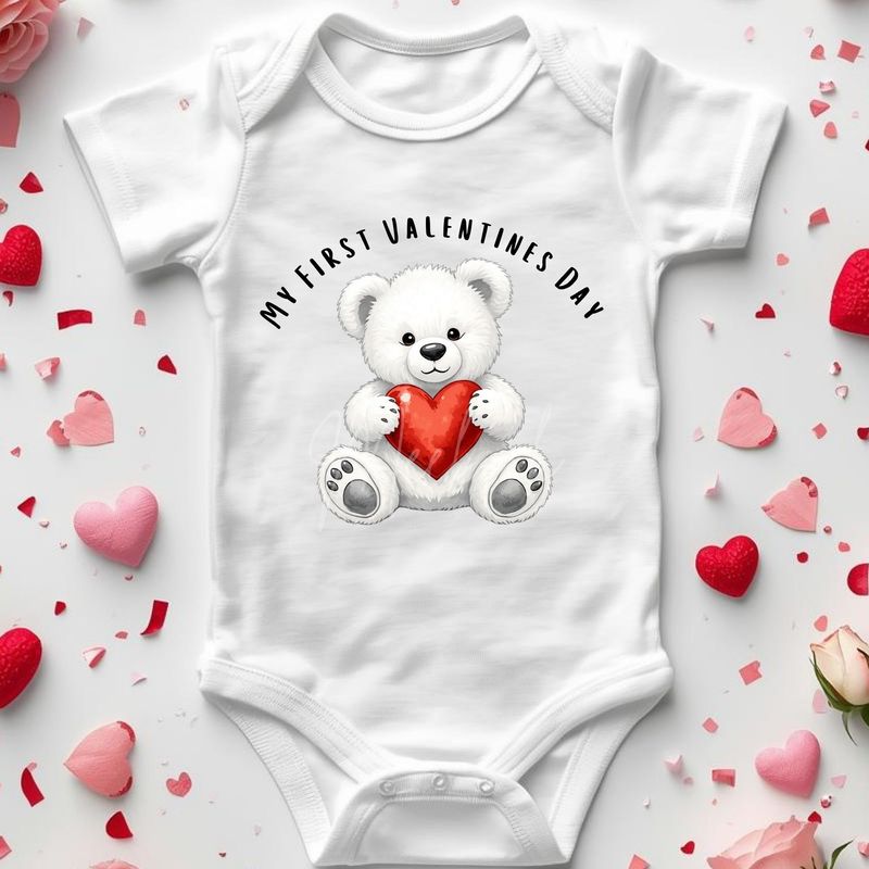My First Valentines White Bear &amp; Red Heart DTF or UVDTF Decal